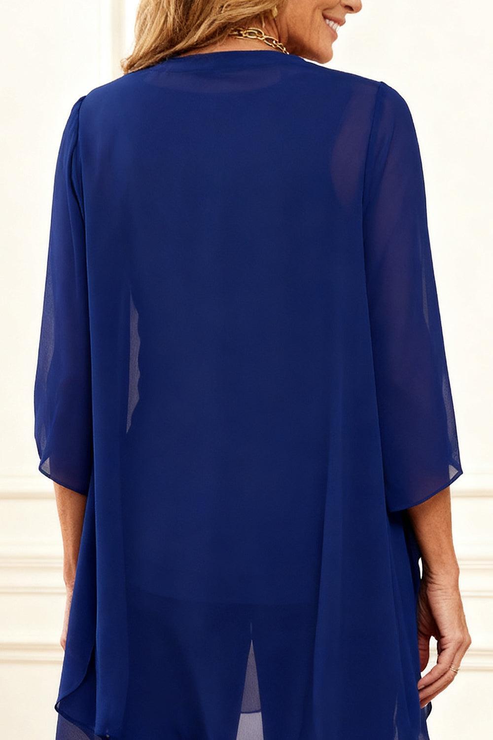 Dreamyannie Dark Blue Round Neck Chiffon 3 Piece Mother Of The Bride Pant Suits With Jacket