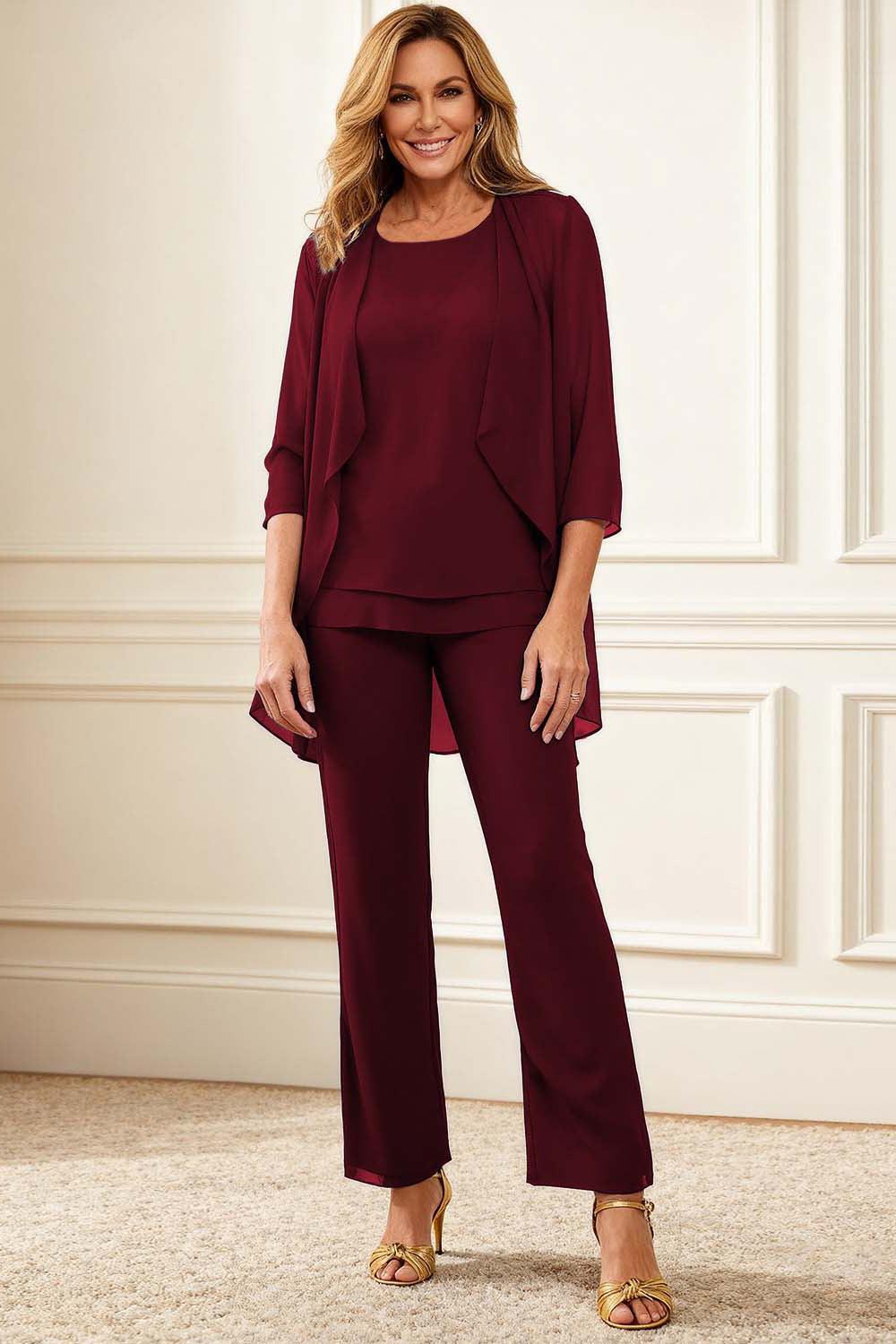 Dreamyannie Dark Blue Round Neck Chiffon 3 Piece Mother Of The Bride Pant Suits With Jacket
