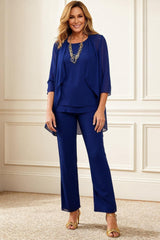 Dreamyannie Dark Blue Round Neck Chiffon 3 Piece Mother Of The Bride Pant Suits With Jacket