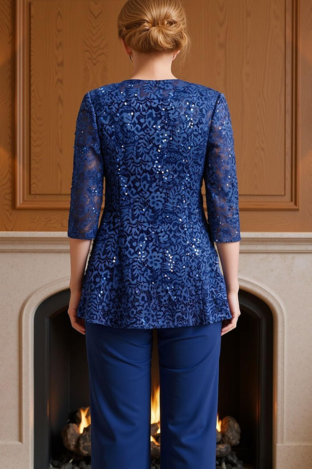 Dreamyannie Dark Blue Sequin Boat Neck 3 Piece Mother Of The Bride Pant Suits With Jacket