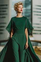 Dreamyannie Dark Green Boat Neck Long Mother Of The Bride Jumpsuits With Cape