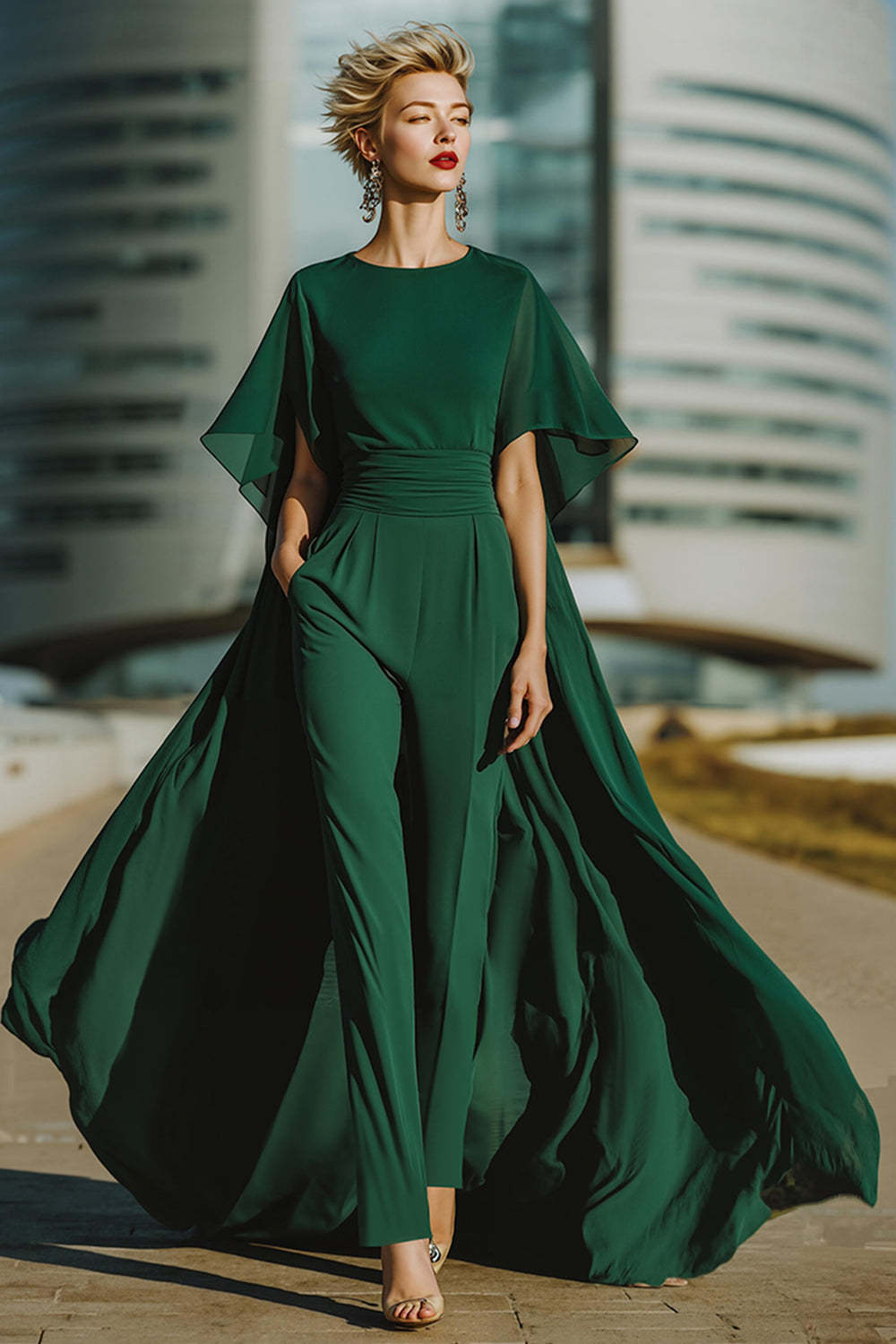 Dreamyannie Dark Green Boat Neck Long Mother Of The Bride Jumpsuits With Cape