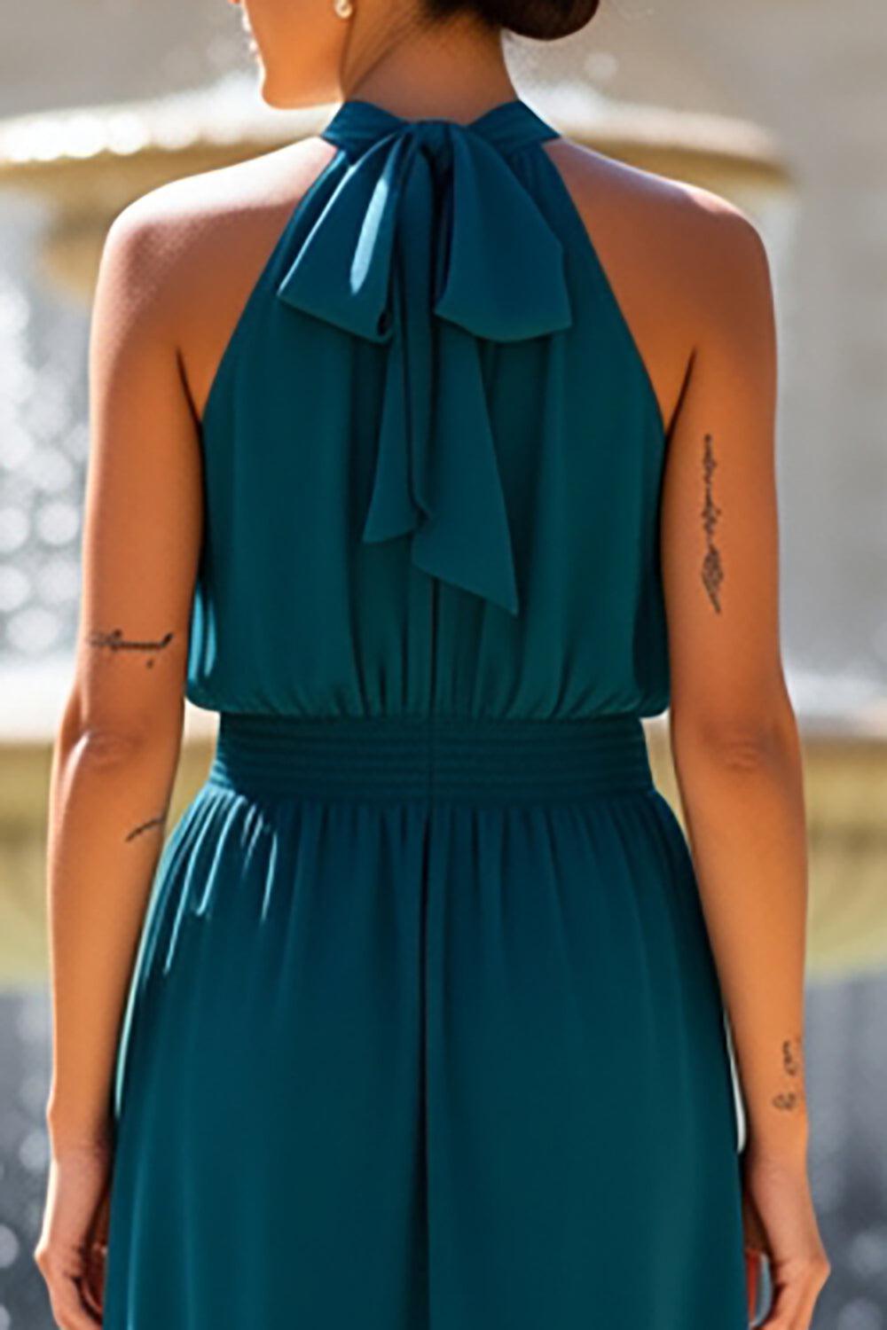 Dreamyannie Dark Green Chiffon Halter Floor Length Mother Of The Bride Jumpsuits With Bow