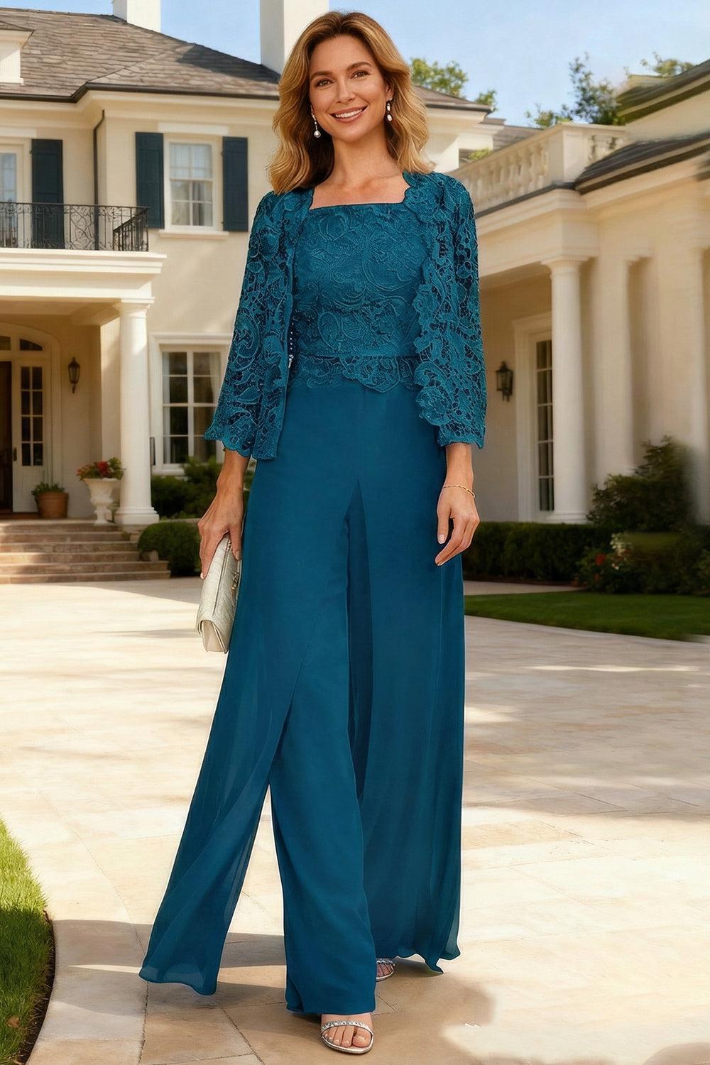Dreamyannie Dark Green Chiffon Square Neck 3 Piece Mother Of The Bride Pant Suits With Jacket
