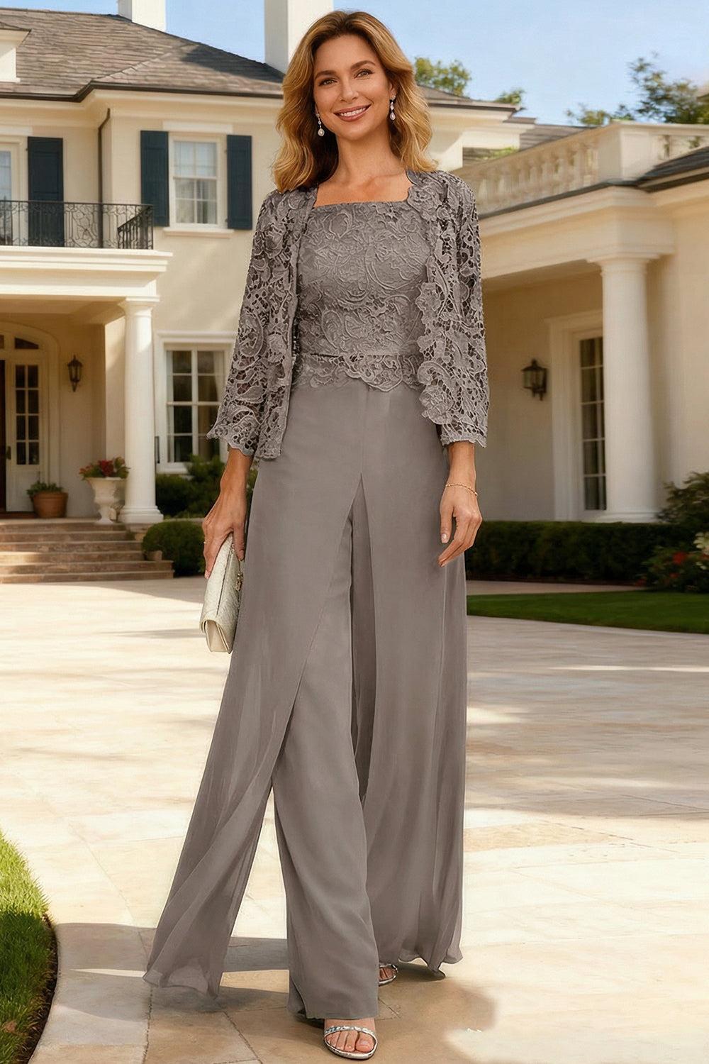 Dreamyannie Dark Green Chiffon Square Neck 3 Piece Mother Of The Bride Pant Suits With Jacket