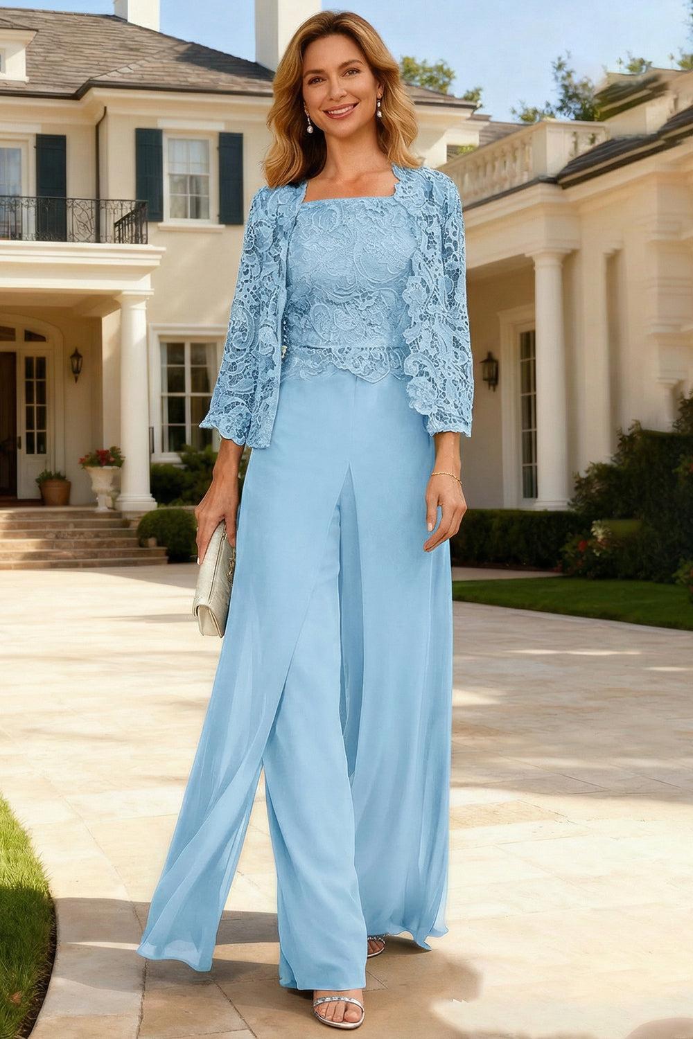 Dreamyannie Dark Green Chiffon Square Neck 3 Piece Mother Of The Bride Pant Suits With Jacket
