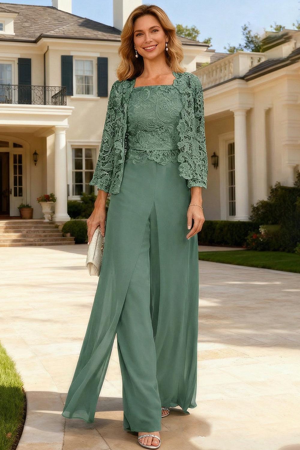 Dreamyannie Dark Green Chiffon Square Neck 3 Piece Mother Of The Bride Pant Suits With Jacket