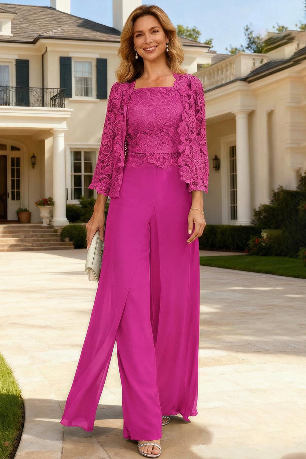 Dreamyannie Dark Green Chiffon Square Neck 3 Piece Mother Of The Bride Pant Suits With Jacket