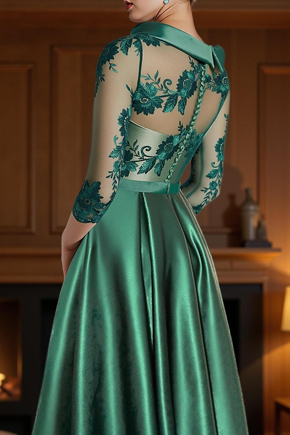 Dreamyannie Dark Green Floral Satin A Line Bateau Neck High Low Mother Of The Bride Dress