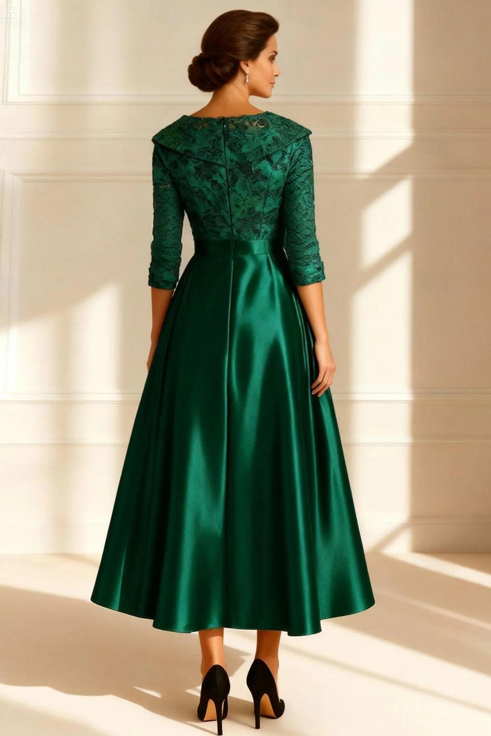 Dreamyannie Dark Green Jacquard A Line Tea Length Mother Of The Bride Dress With Sleeves