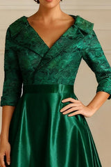 Dreamyannie Dark Green Jacquard A Line Tea Length Mother Of The Bride Dress With Sleeves