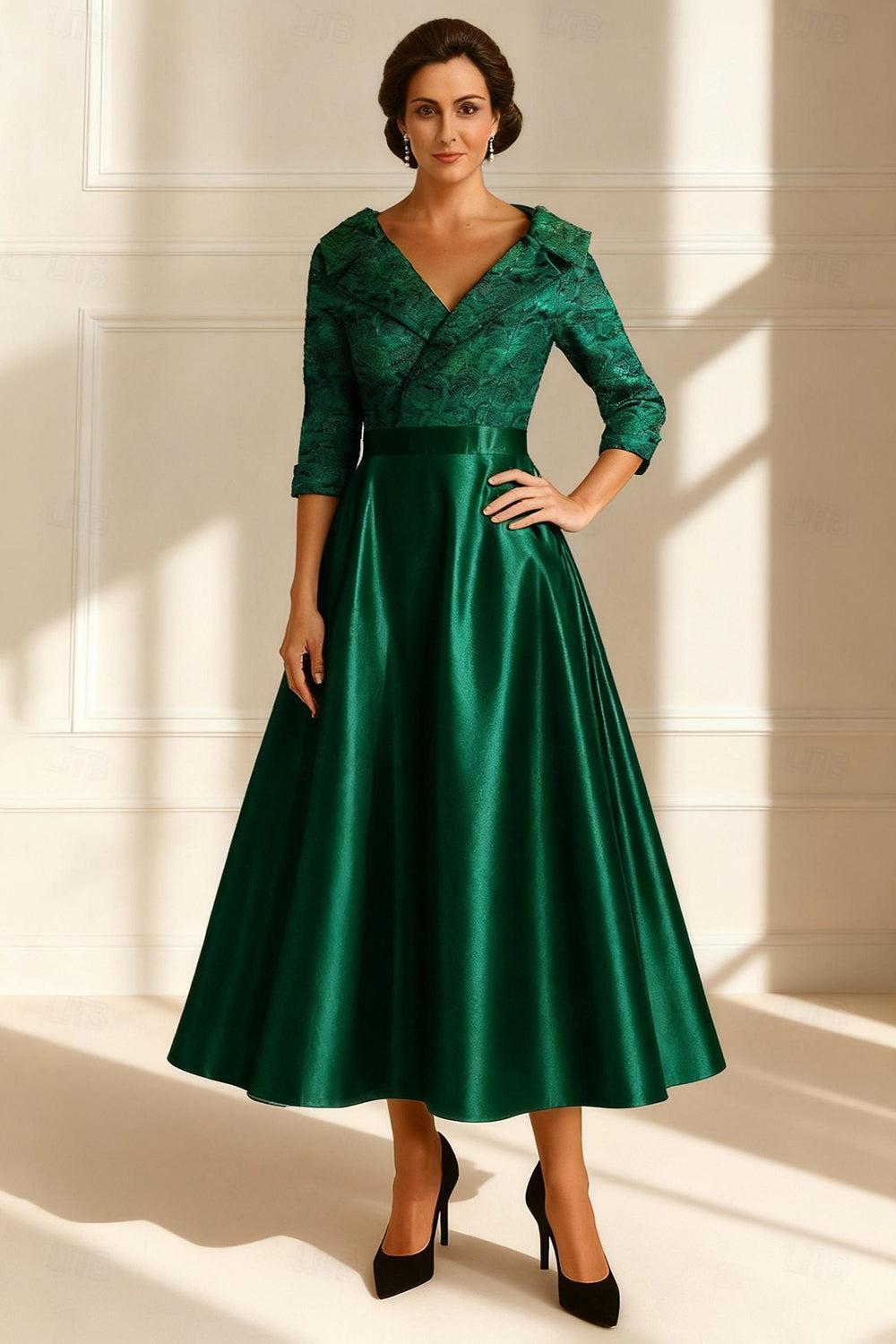 Dreamyannie Dark Green Jacquard A Line Tea Length Mother Of The Bride Dress With Sleeves
