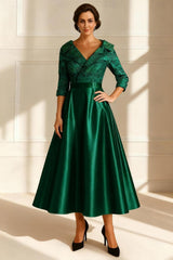 Dreamyannie Dark Green Jacquard A Line Tea Length Mother Of The Bride Dress With Sleeves