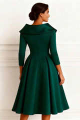 Dreamyannie Dark Green Lapel Neck A Line Midi Mother Of The Bride Dress With Buttons