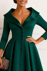 Dreamyannie Dark Green Lapel Neck A Line Midi Mother Of The Bride Dress With Buttons