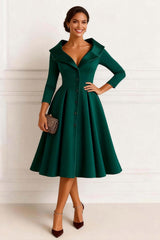 Dreamyannie Dark Green Lapel Neck A Line Midi Mother Of The Bride Dress With Buttons