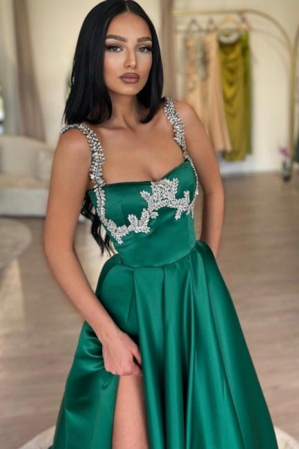 Dreamyannie Dark Green Prom Dress A Line Sleeveless Rhinestones Satin Evening Dress With Slit