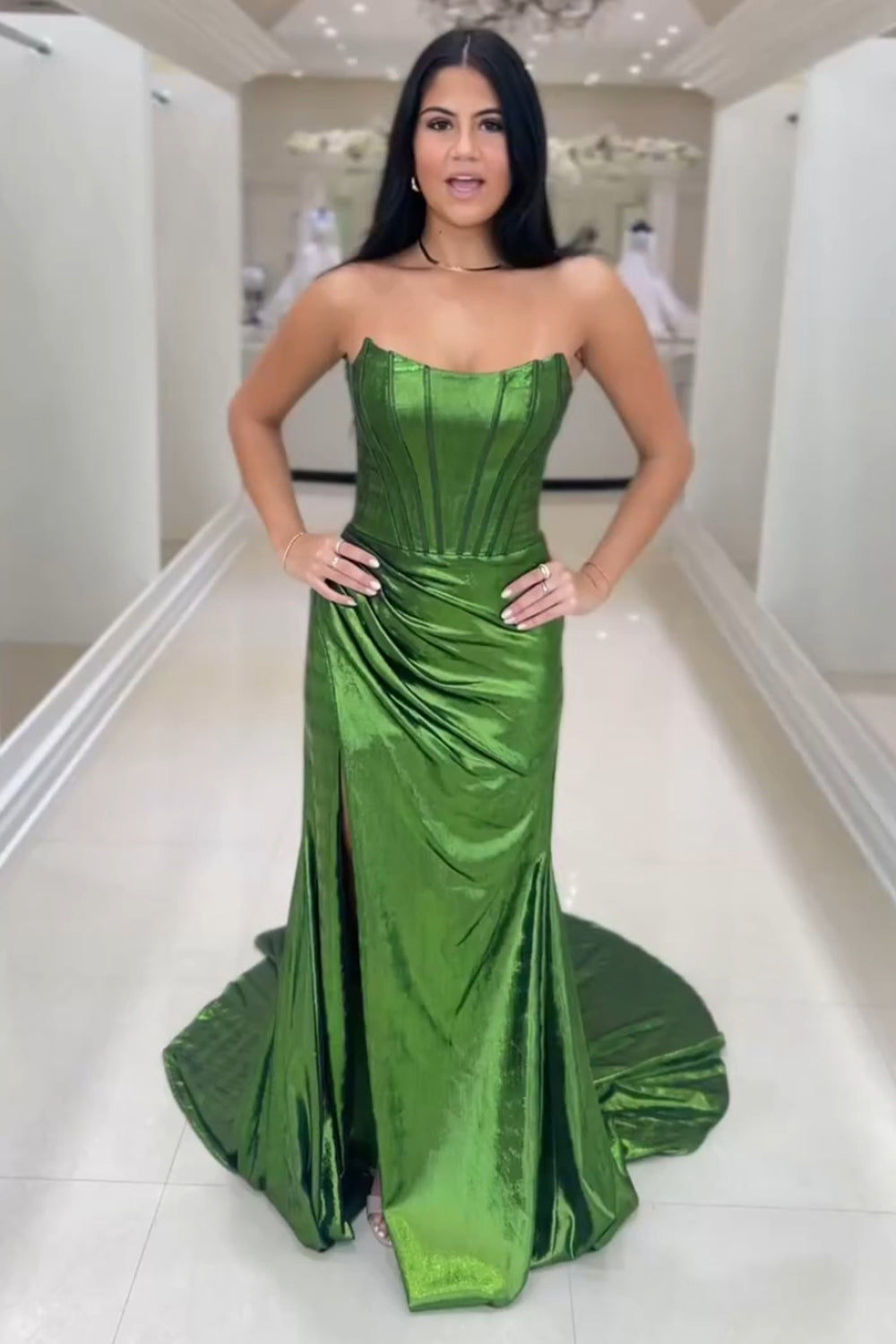 Dreamyannie Dark Green Prom Dress Corset Metallic Long Evening Dress With Slit