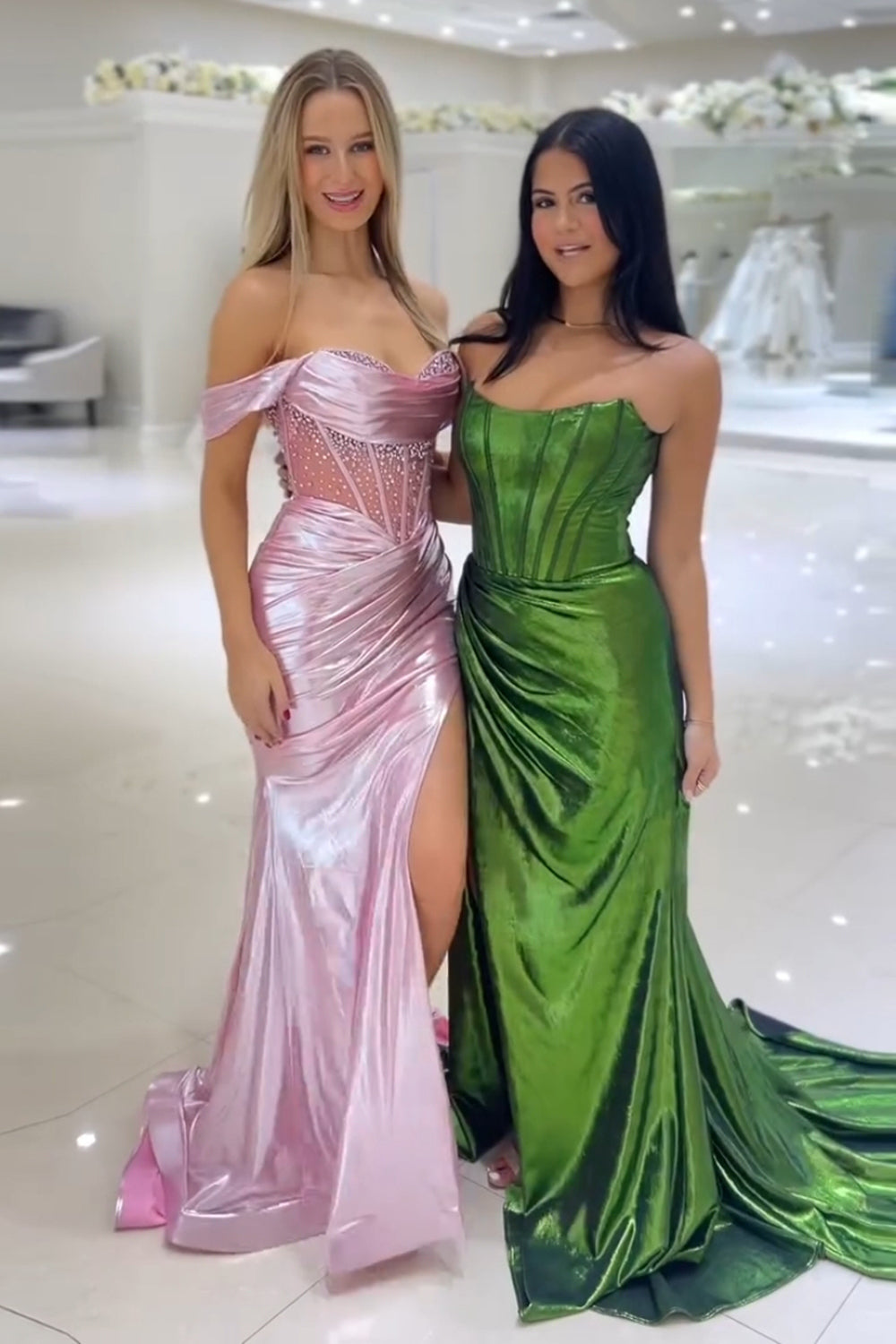 Dreamyannie Dark Green Prom Dress Corset Metallic Long Evening Dress With Slit