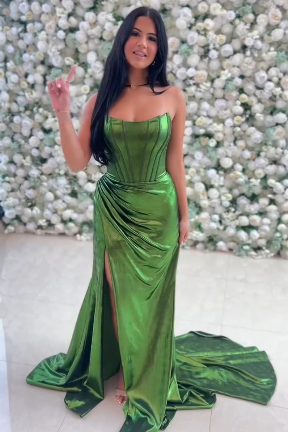 Dreamyannie Dark Green Prom Dress Corset Metallic Long Evening Dress With Slit