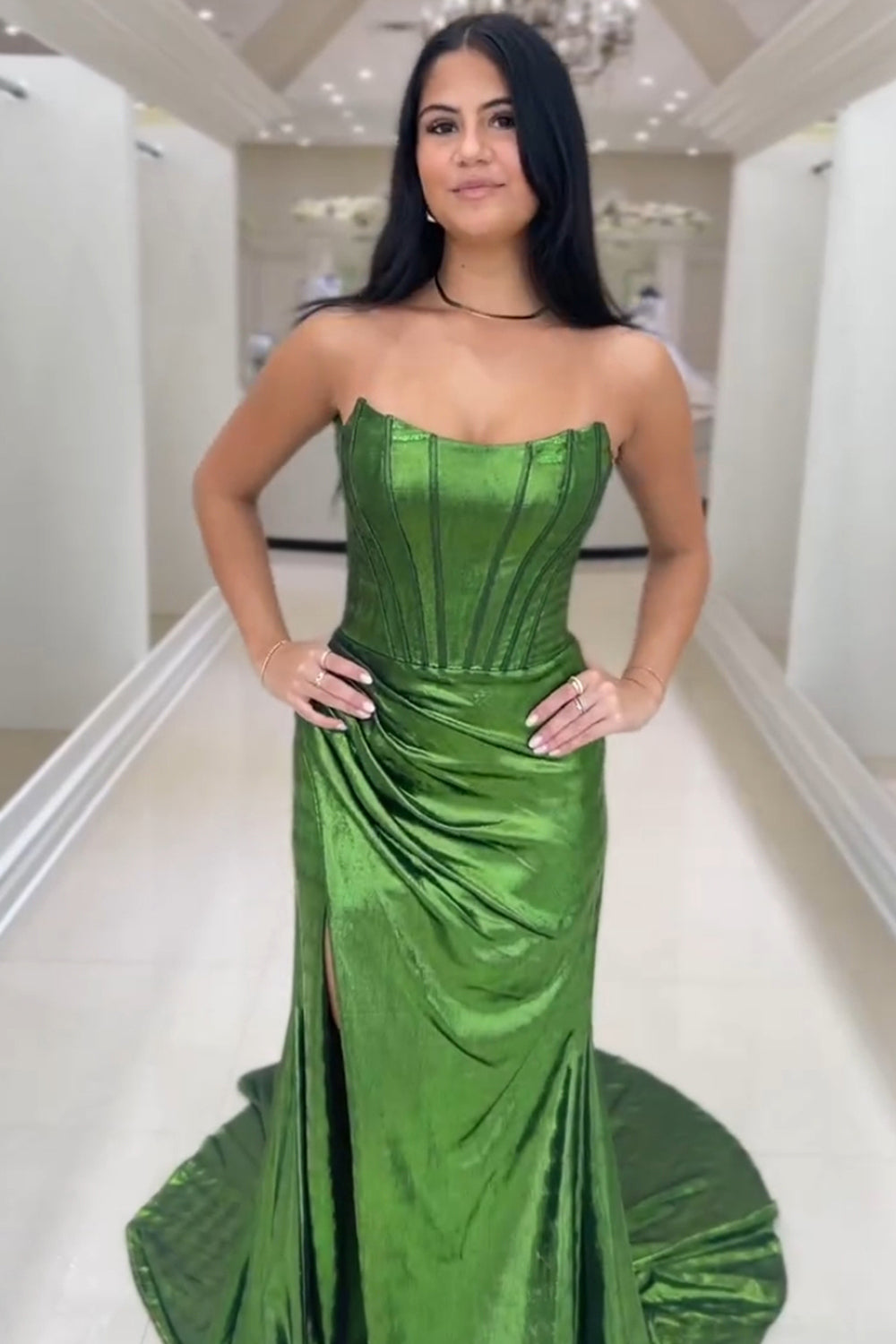 Dreamyannie Dark Green Prom Dress Corset Metallic Long Evening Dress With Slit