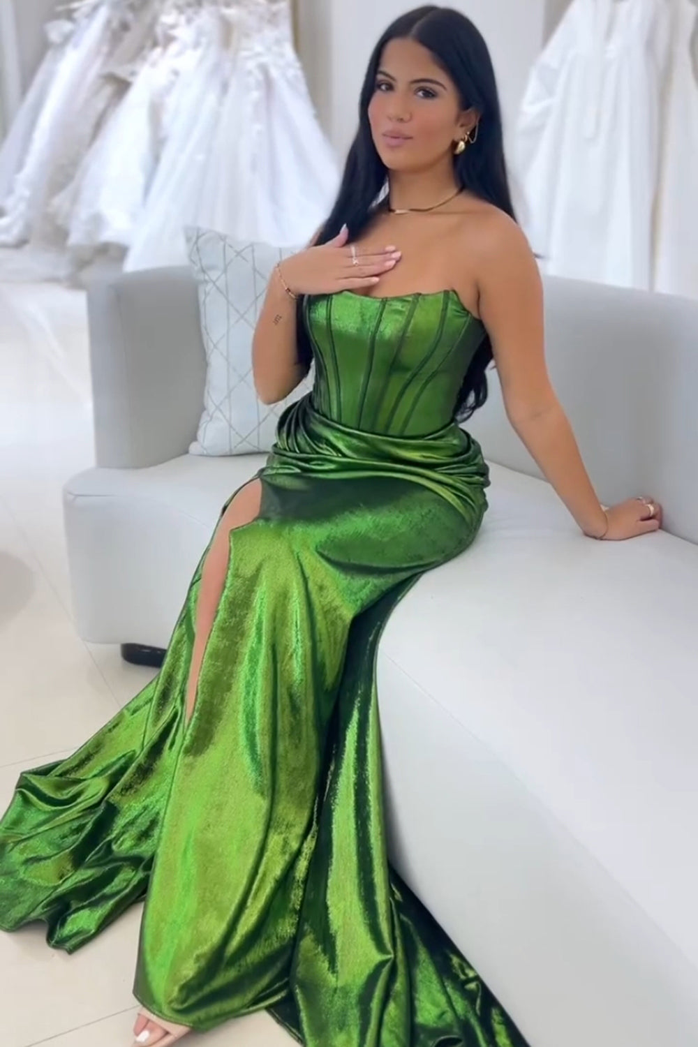 Dreamyannie Dark Green Prom Dress Corset Metallic Long Evening Dress With Slit