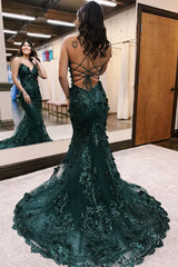 Dreamyannie Dark Green Prom Dress Mermaid Lace-Up Back Long Evening Dress With 3D Flowers