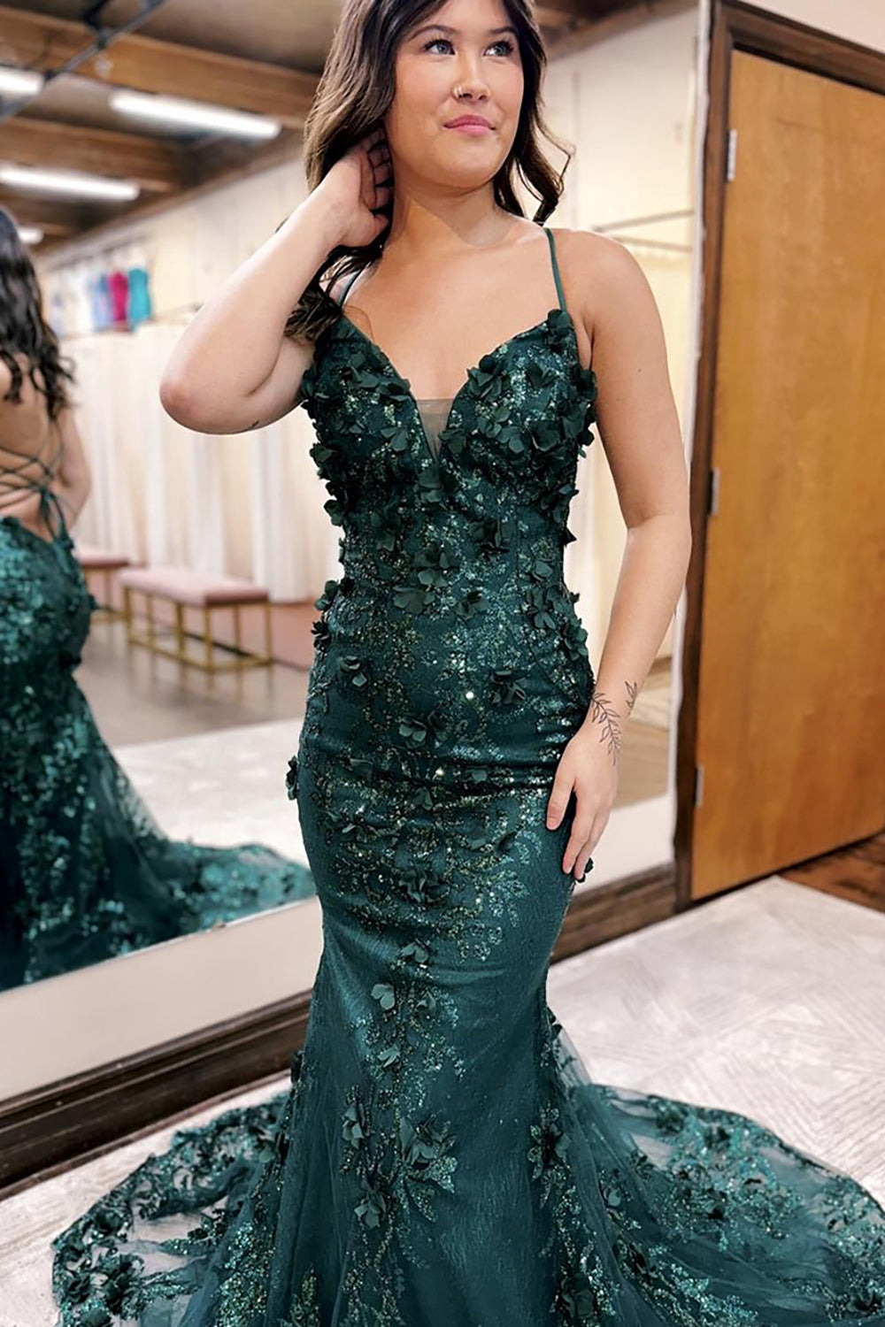 Dreamyannie Dark Green Prom Dress Mermaid Lace-Up Back Long Evening Dress With 3D Flowers