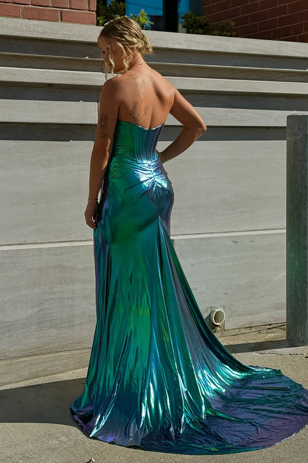 Dreamyannie Turquoise Prom Dress Mermaid Ruche Metallic Long Evening Dress With Slit