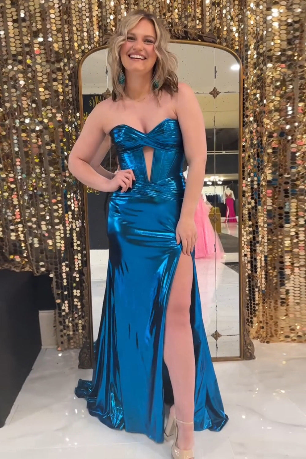 Dreamyannie Turquoise Prom Dress Mermaid Ruche Metallic Long Evening Dress With Slit