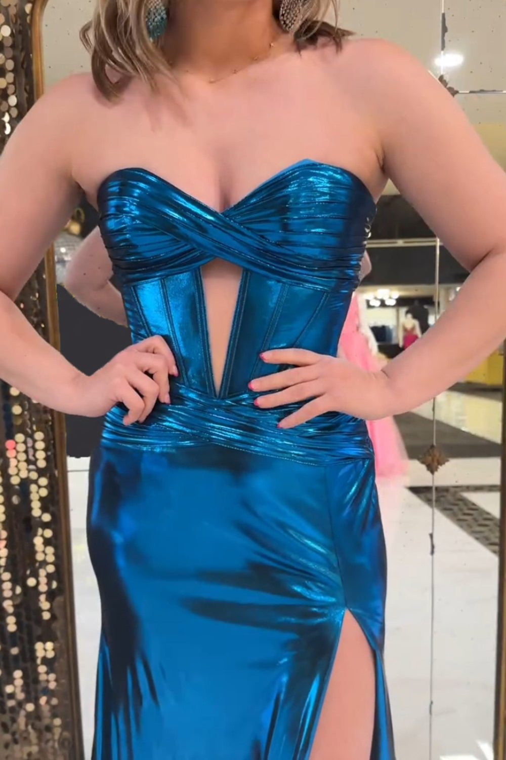 Dreamyannie Turquoise Prom Dress Mermaid Ruche Metallic Long Evening Dress With Slit