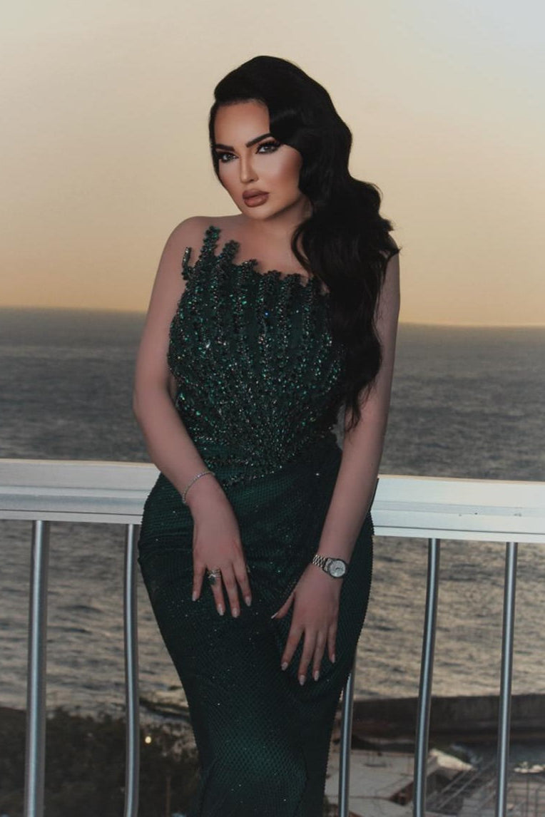 Dreamyannie Dark Green Prom Dress Mermaid Strapless Beaded Sleeveless Formal Dress With Rhinestones