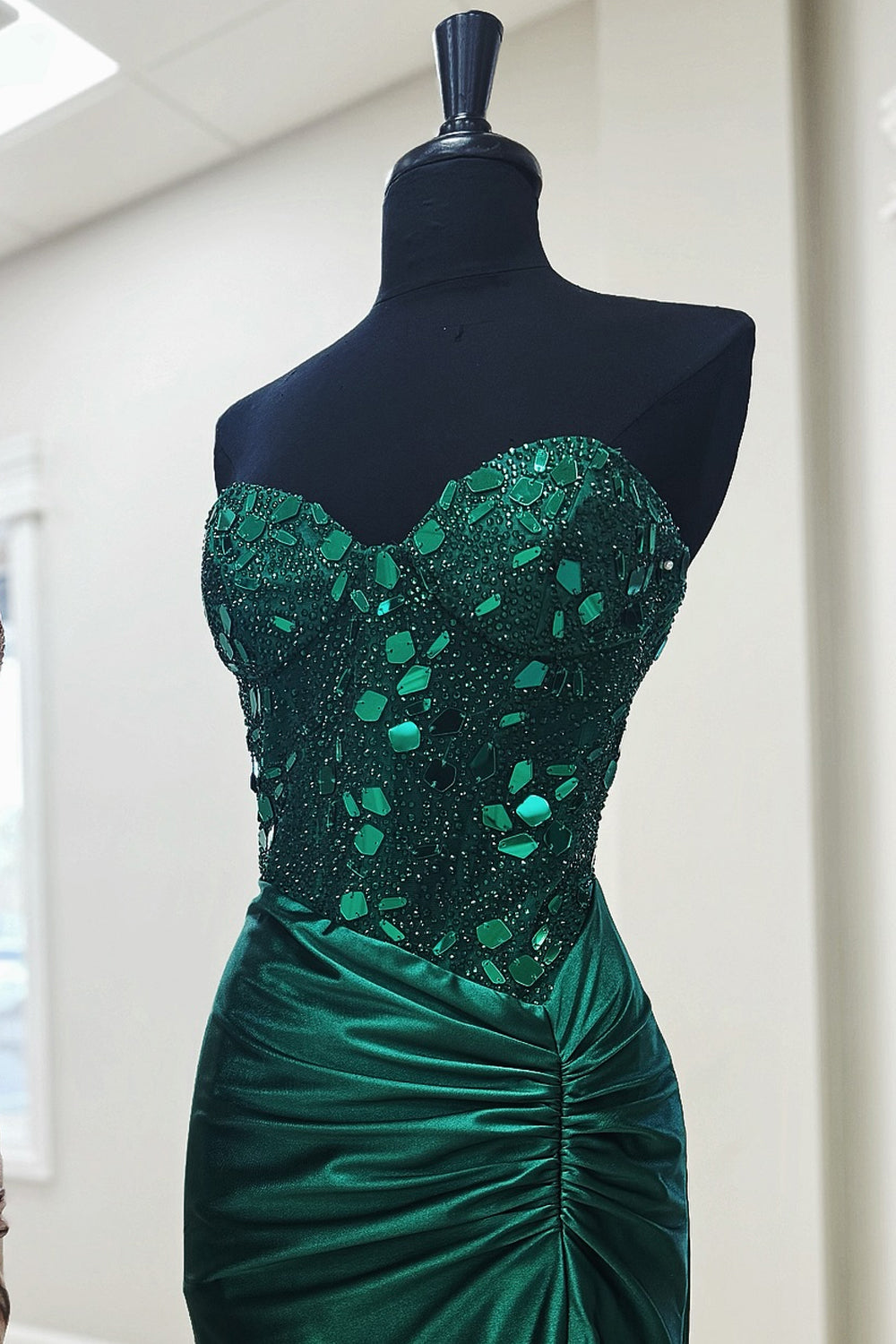 Dreamyannie Dark Green Prom Dress Mirror Mermaid Sweetheart Long Evening Dress With Slit