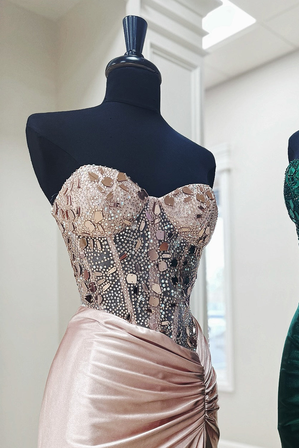 Dreamyannie Dark Green Prom Dress Mirror Mermaid Sweetheart Long Evening Dress With Slit