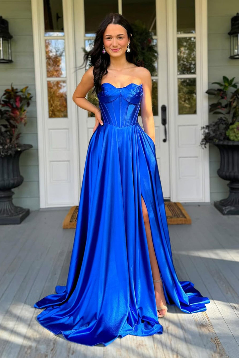 Dreamyannie Dark Green Prom Dress Satin Corset A Line Formal Dress With Slit
