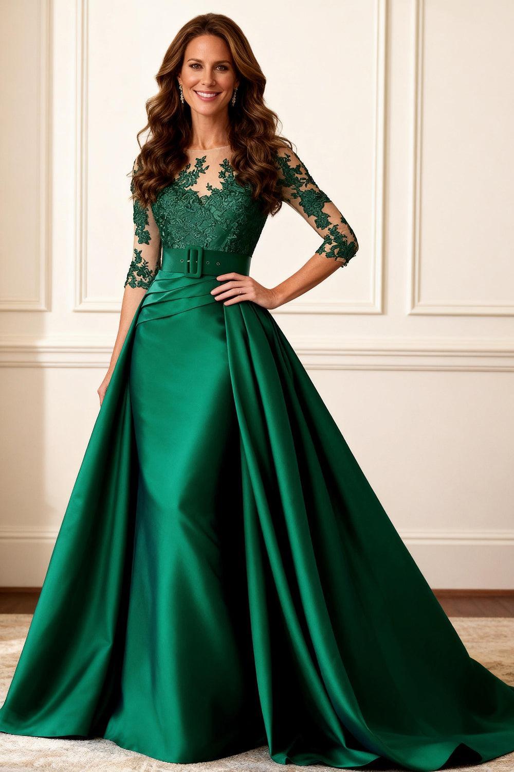 Dreamyannie Dark Green Satin Mermaid Bateau Neck Floor Length Mother Of The Bride Dress With Cape