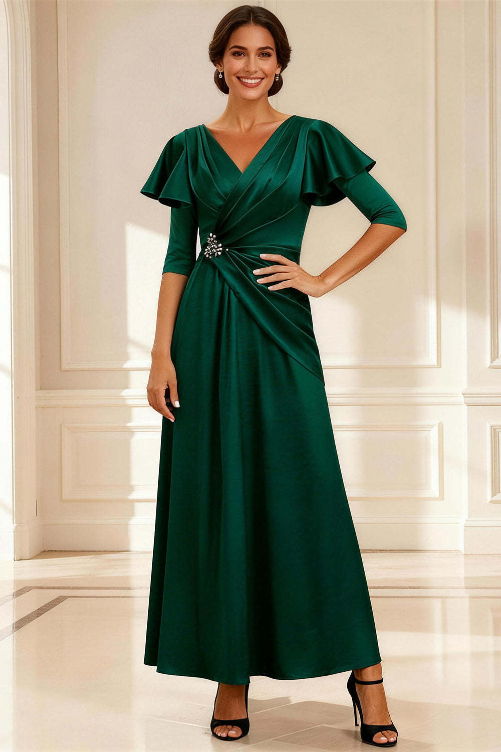 Dreamyannie Dark Green Satin V Neck A Line Long Mother Of The Bride Dress