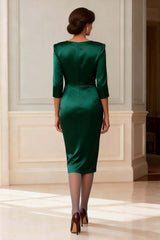 Dreamyannie Dark Green V Neck Bodycon Satin Knee Length Mother Of The Bride Dress