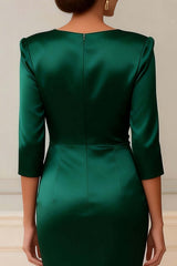 Dreamyannie Dark Green V Neck Bodycon Satin Knee Length Mother Of The Bride Dress