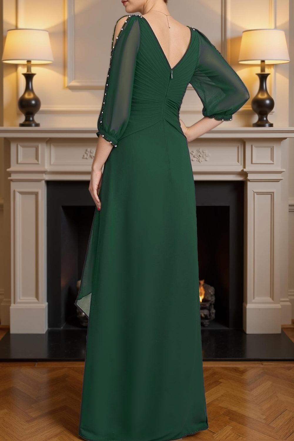 Dreamyannie Dark Green V Neck Chiffon Floor Length Mother Of The Bride Dress With Beading