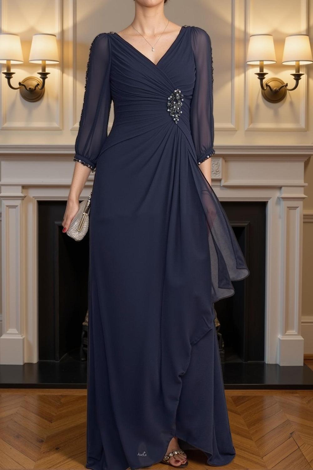 Dreamyannie Dark Green V Neck Chiffon Floor Length Mother Of The Bride Dress With Beading