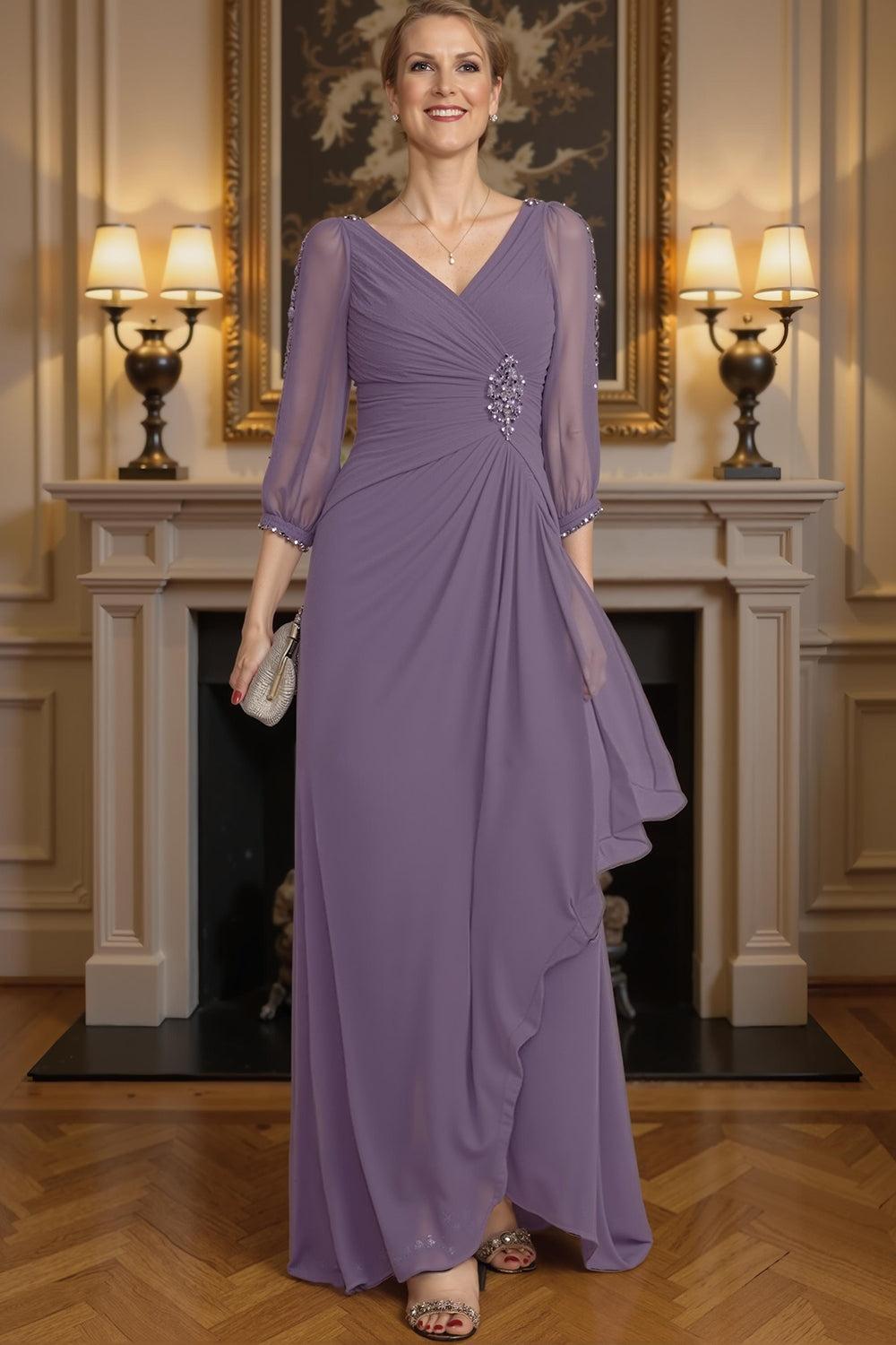 Dreamyannie Dark Green V Neck Chiffon Floor Length Mother Of The Bride Dress With Beading