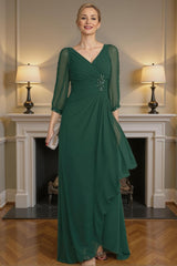 Dreamyannie Dark Green V Neck Chiffon Floor Length Mother Of The Bride Dress With Beading
