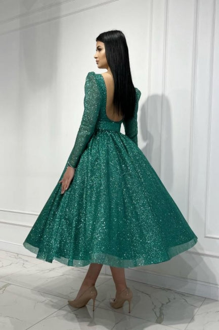 Dreamyannie Dark Green Wedding Guest Dress A Line Sequined Ankle Length Evening Dress With Sleeves