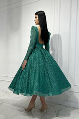 Dreamyannie Dark Green Wedding Guest Dress A Line Sequined Ankle Length Evening Dress With Sleeves