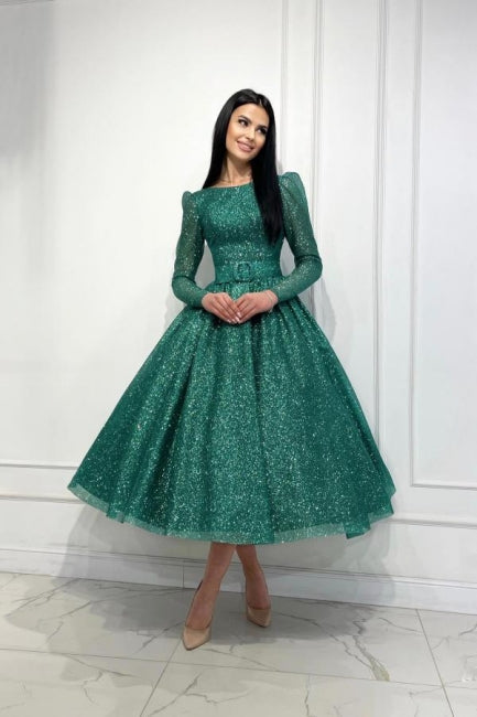 Dreamyannie Dark Green Wedding Guest Dress A Line Sequined Ankle Length Evening Dress With Sleeves