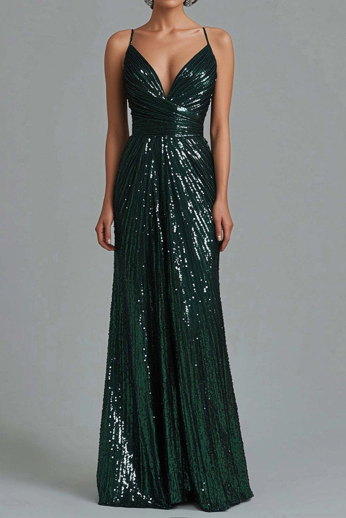 Dreamyannie UK Dark Green Wedding Guest Dress Mermaid Spaghetti Straps  Sequins Long Formal Dress