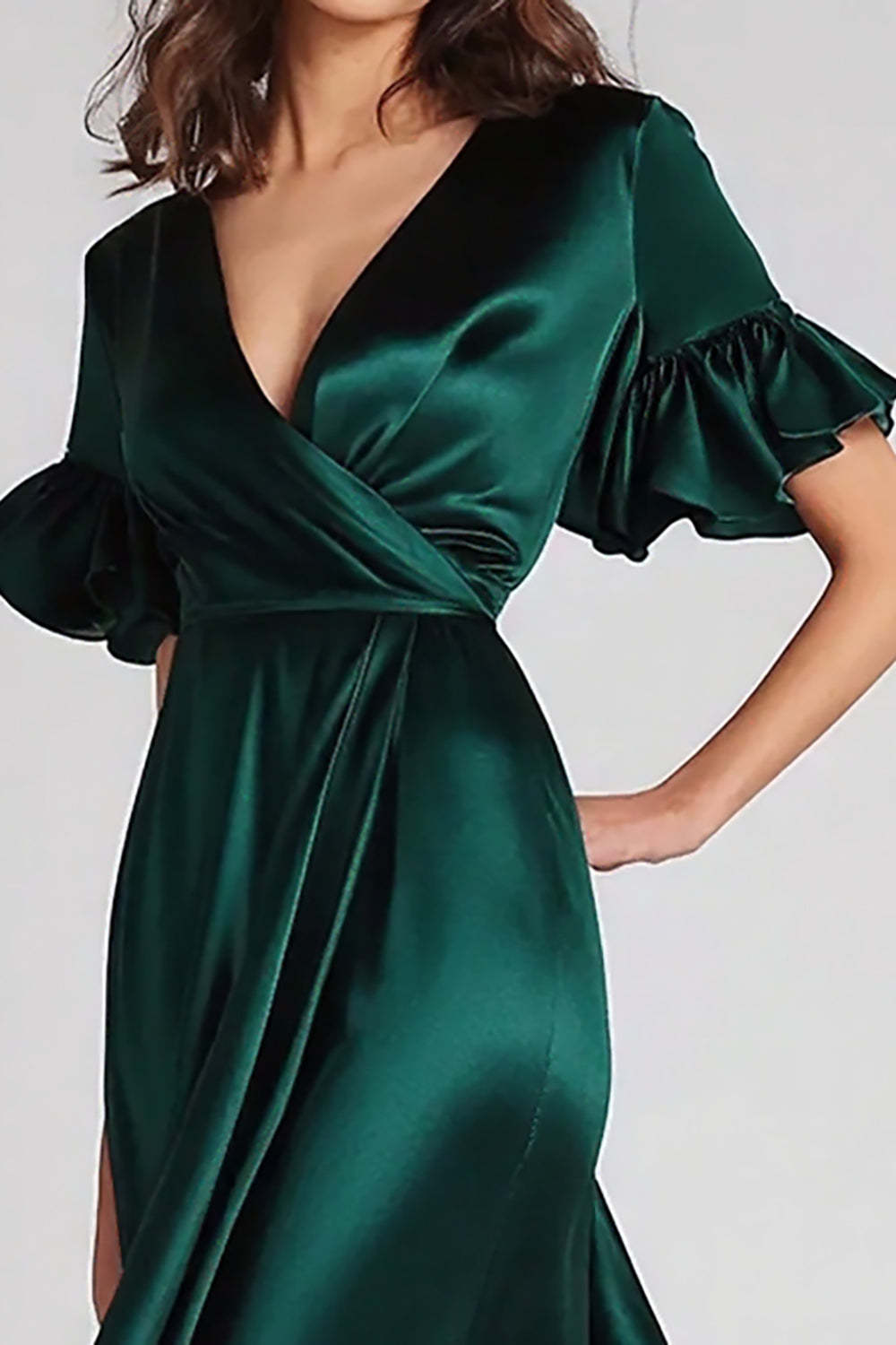 Dreamyannie Dark Green Wedding Guest Dress V-Neck Satin Long Formal Dress With Ruffles
