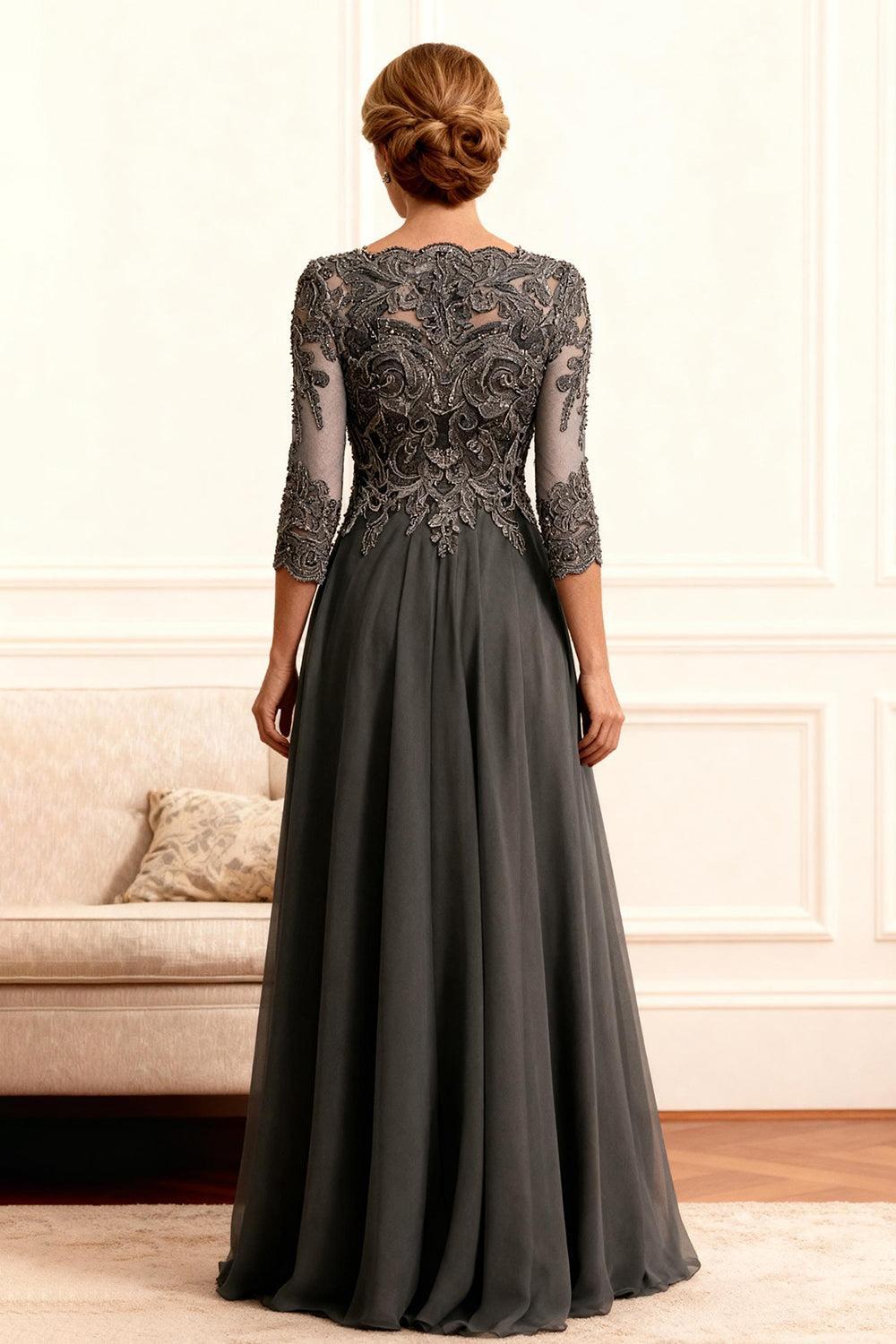 Dreamyannie Dark Grey A Line Bateau Neck Floor Length Mother Of The Bride Dress With Lace