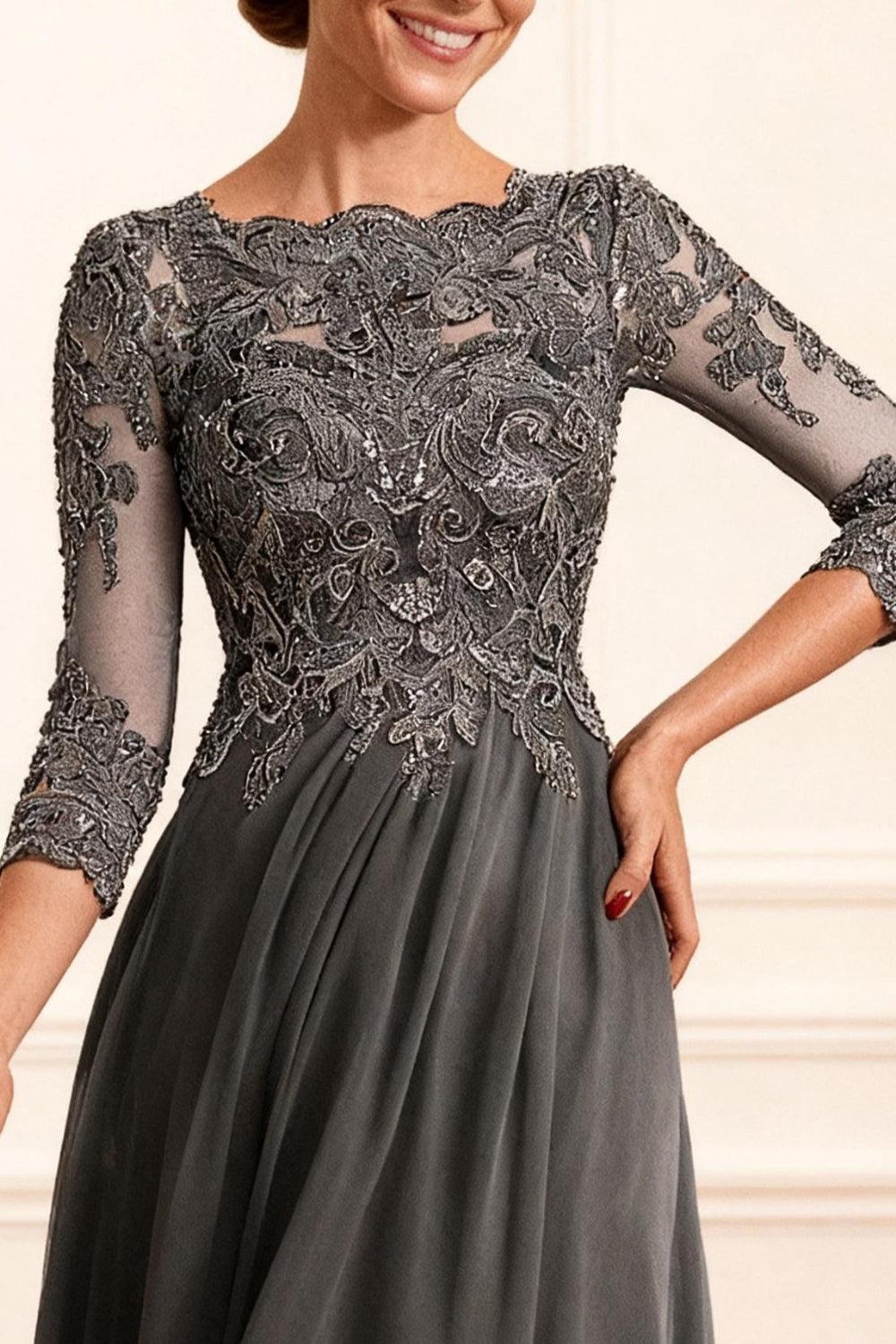 Dreamyannie Dark Grey A Line Bateau Neck Floor Length Mother Of The Bride Dress With Lace